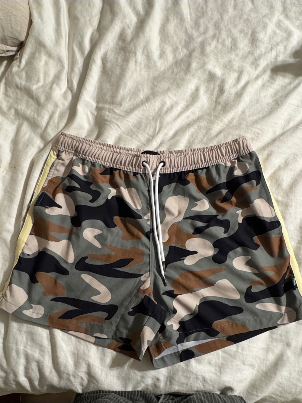 Camo Men's Swim Hybrids with Yellow Trim